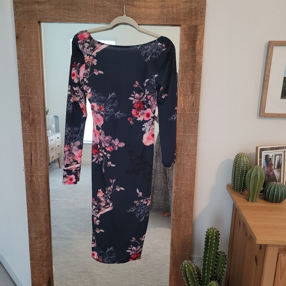 ASOS Navy Floral Midi Dress with Pink Blossoms